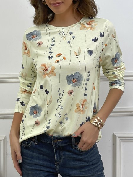 Country Floral Casual Crewneck Knit T Shirt