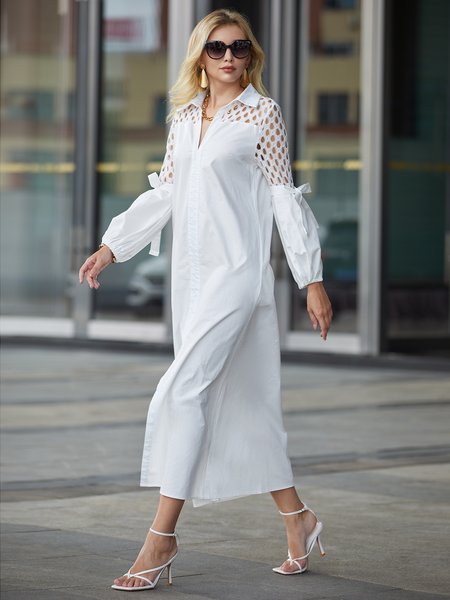 

Shirt Collar Elegant Plain Loose Dress With No, White, Maxi Dresses