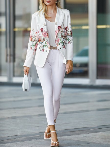 

Urban Lapel Collar Loose Long sleeve Floral Blazer, White, Blazers