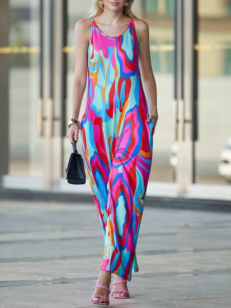 

Abstract V Neck Urban Regular Fit Jumpsuit, Rose red, Bottoms