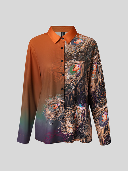 

Casual Shirt Collar Feather Pattern Blouse, Brown, Shirts & Blouses