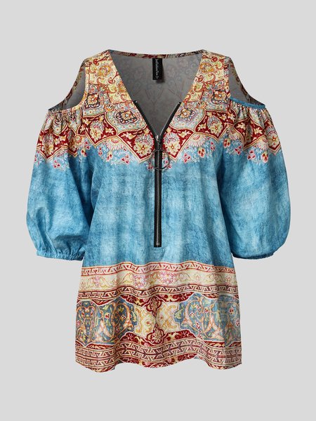 

Ethnic Loose Casual Blouse, Blue, Shirts & Blouses