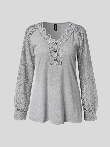 

V Neck Casual Plain Lace Bukle T-Shirt, Gray, T-Shirts