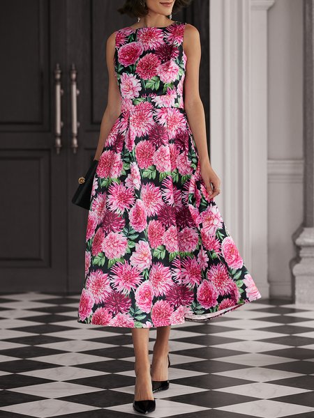 

Elegant Crew Neck Regular Fit Floral Party Dress, Flower, Midi Dresses