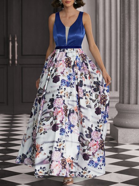 

Regular Fit Elegant Floral V Neck Party Dress, Multicolor, Maxi Dresses