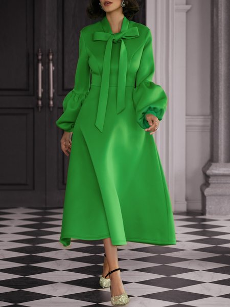 

Plain Bow Elegant Regular Fit Party Dress, Green, Midi Dresses