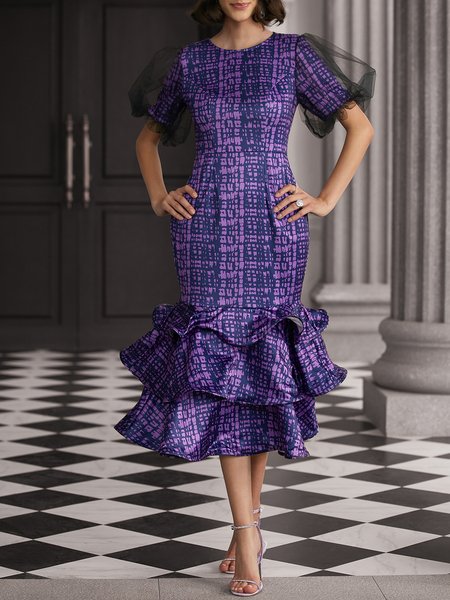 

Crew Neck Plaid Regular Fit Elegant Party Dress, Purple, Midi Dresses