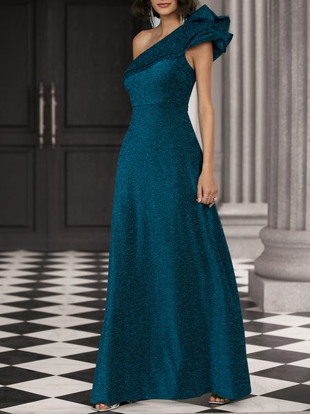 

Plain Elegant One Shoulder Wedding Guest Dress, Lake blue, Maxi Dresses