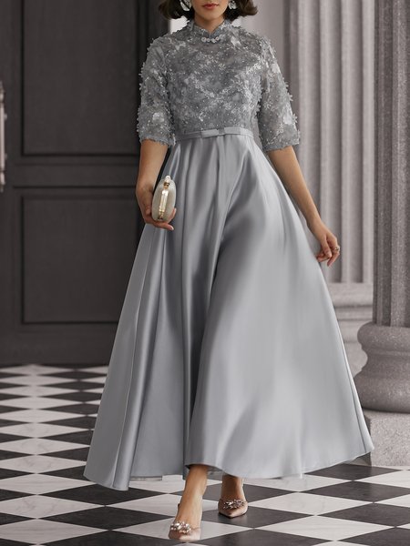 

Stand Collar Elegant Floral Party Dress, Gray, Maxi Dresses