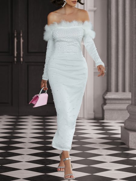 

Elegant Plain Boat Neck Wedding Dress, White, Midi Dresses