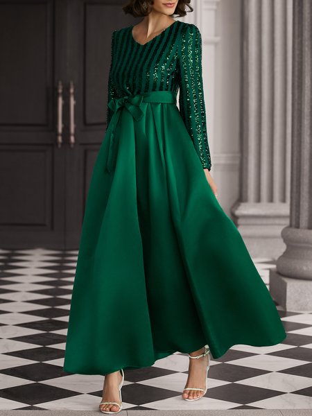 

Plain Elegant Regular Fit V Neck Party Dress, Green, Maxi Dresses