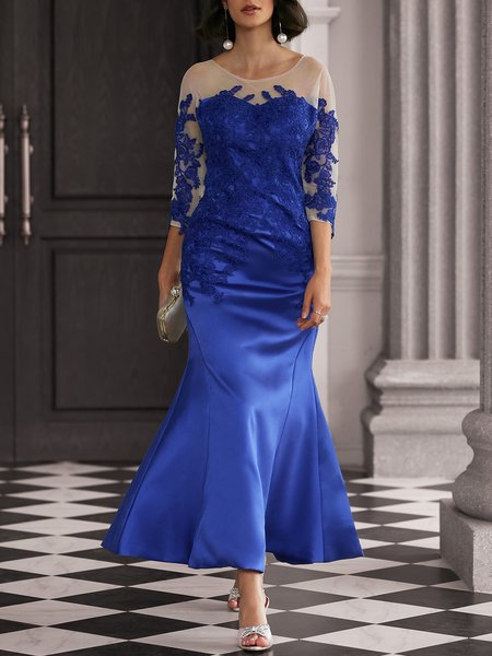 

Floral Crew Neck Elegant Lace Wedding Dress, Royal blue, Maxi Dresses