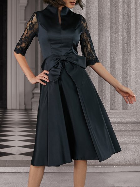 

Elegant Stand Collar Lace Wedding Guest Dress, Black, Midi Dresses