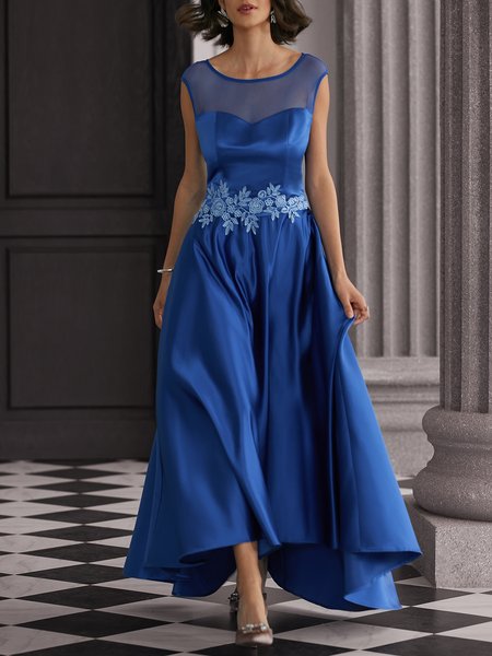 

Floral Crew Neck Regular Fit Elegant Party Dress, Blue, Midi Dresses