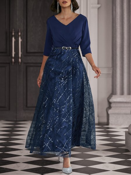 

Elegant Geometric V Neck Embroidery Mesh Wedding Guest Dress With Belt, Navyblue, Maxi Dresses