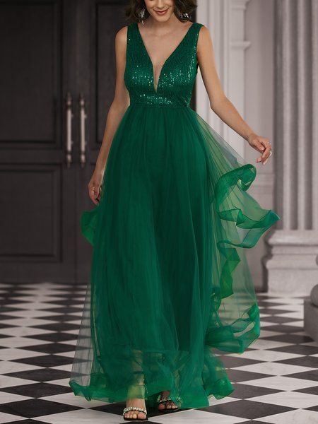 

Elegant Plain Glitter Wedding Guest Dress, Darkgreen, Maxi Dresses