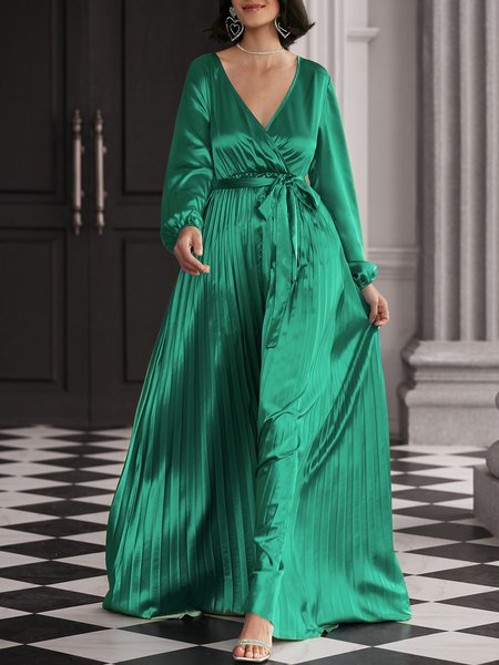 

Plain Satin Elegant V Neck Wedding Guest Dress, Green, Maxi Dresses