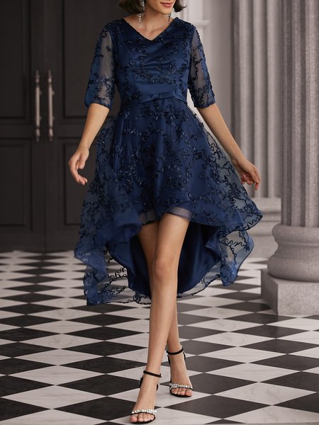 

Elegant V Neck Floral Wedding Guest Dress, Navyblue, Midi Dresses