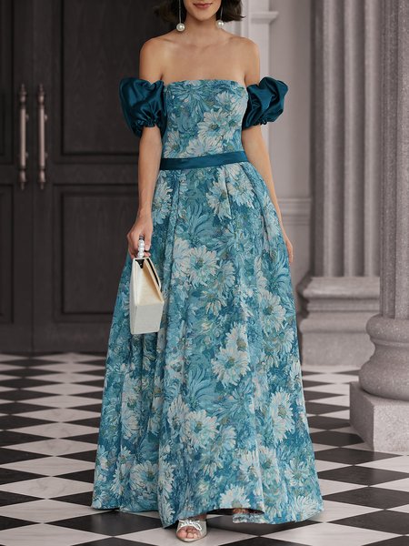 

Elegant Floral Regular Fit Boat Neck Wedding Dress, Blue, Maxi Dresses
