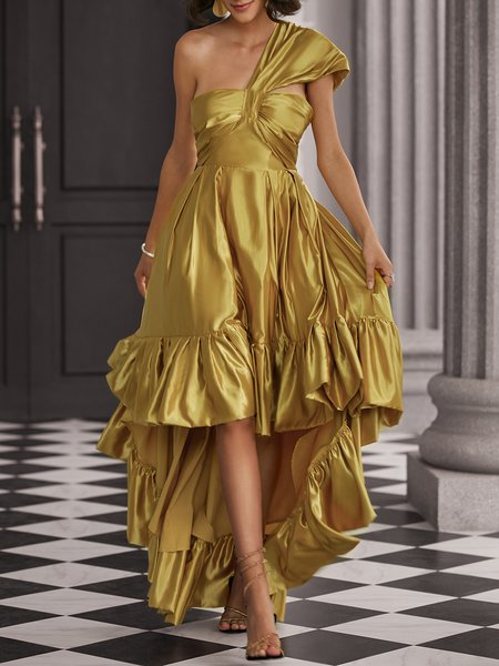 

One Shoulder Satin Elegant Party Dress, Yellow, Maxi Dresses