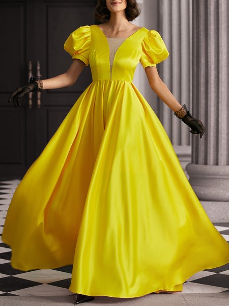 

Elegant Satin Plain Regular Fit Wedding Dress & Party Dress, Yellow, Maxi Dresses