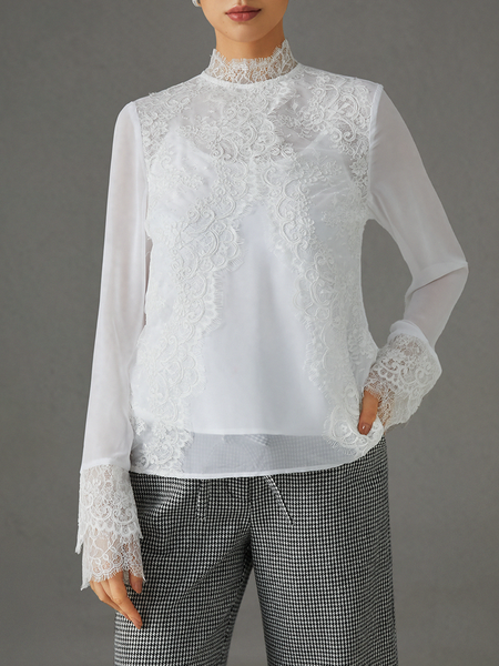 

Lace Regular Fit Elegant Stand Collar Shirt, White, Blouses and Shirts