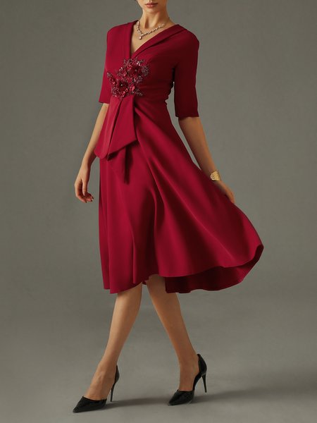 

Floral Shawl Collar Elegant Regular Fit Wedding Guest Dress, Wine red, Midi Dresses