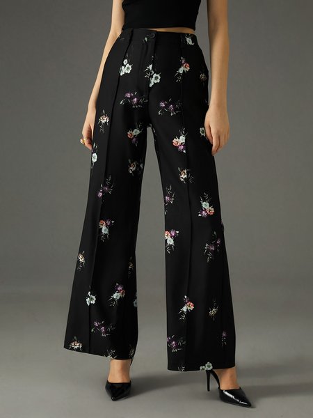 

Floral Elegant Regular Fit Pants, Black, Pants