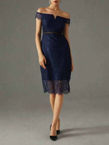 

Elegant Floral Lace Wedding Guest Dress, Purplish blue, Midi Dresses