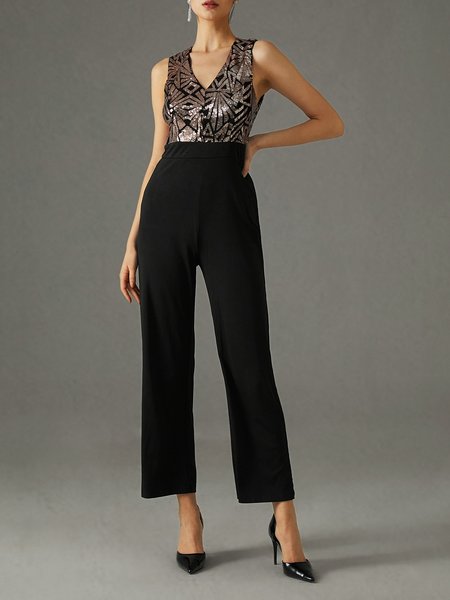 

Glitter Elegant Geometric V Neck Jumpsuit, Black, Seperates & Two-Piece
