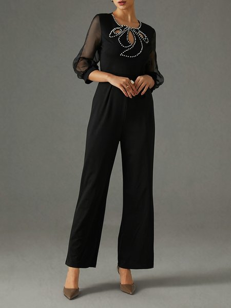 

Regular Fit Elegant Beaded Crew Neck Jumpsuit, Black, Seperates & Two-Piece