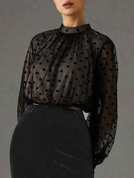 

Loose Urban Polka Dots Stand Collar Shirt, Black, Blouses and Shirts