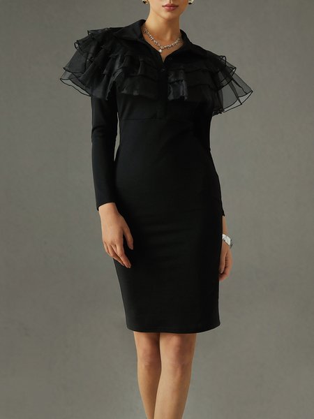 

Elegant Shawl Collar Plain Mesh Party Dress, Black, Midi Dresses
