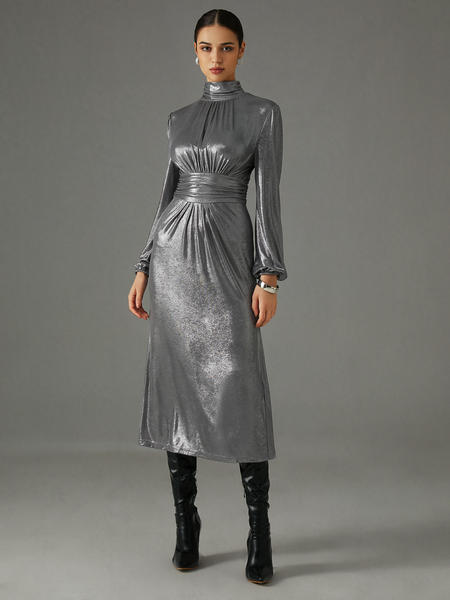 

Long Sleeve Regular Fit Plain Elegant Dress, Silver gray, Midi Dresses