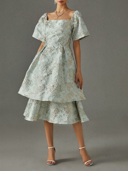 

Square Neck Puff Sleeve Elegant Floral Party Dress, As picture, Midi Dresses