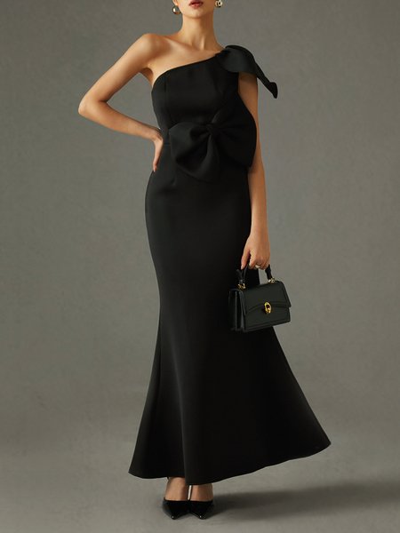 

Party One Shoulder Bow Party Dress, Black, Maxi Dresses