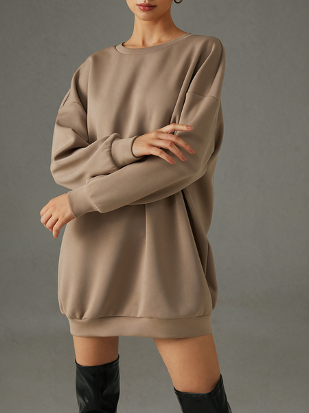 

Urban Plain Loose Long Sleeve Mini Dress With No Belt, Coffee, Mini Dresses