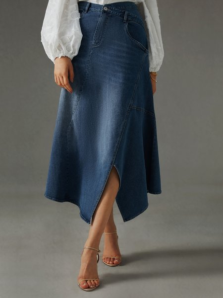 

Plain Regular Fit Urban Denim Midi Skirt, Blue, Denim Skirts