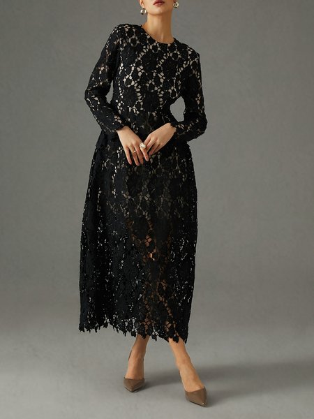 

Elegant Crew Neck Plain Lace Long Sleeve Dress, Black, Midi Dresses