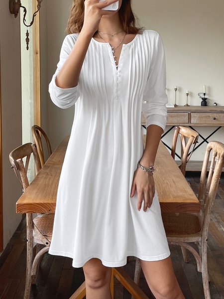 

Casual Plain Button-embellished Knitted Long-sleeve Dress, White, Casual Dresses