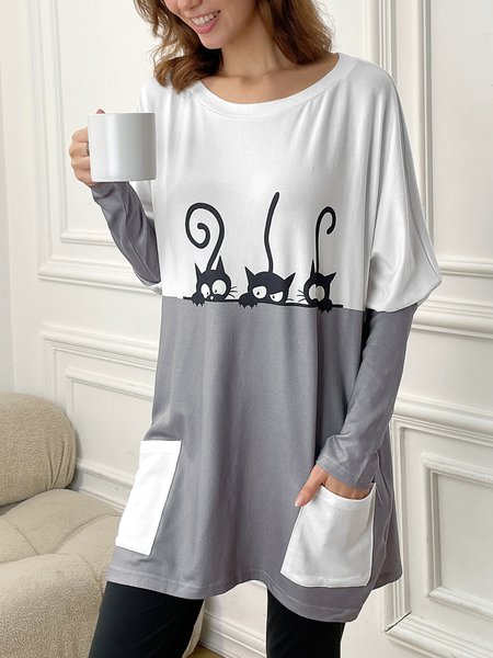 

Cat Casual Batwing Sleeve Crew Neck Dress, Gray, Casual Dresses