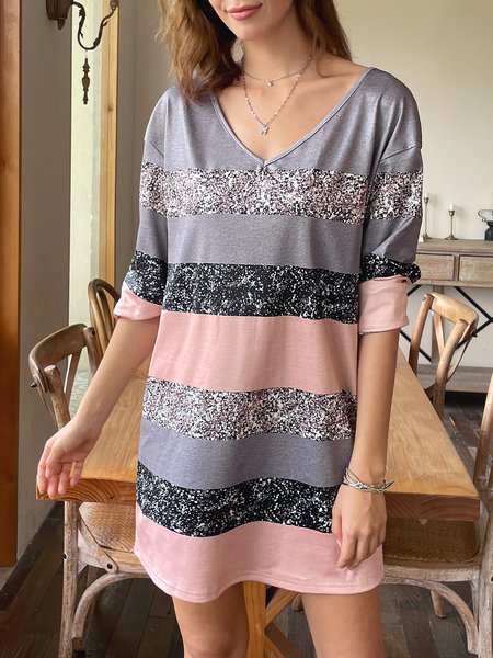 

Casual Loose V Neck Geometric Dress, Multicolor, Casual Dresses