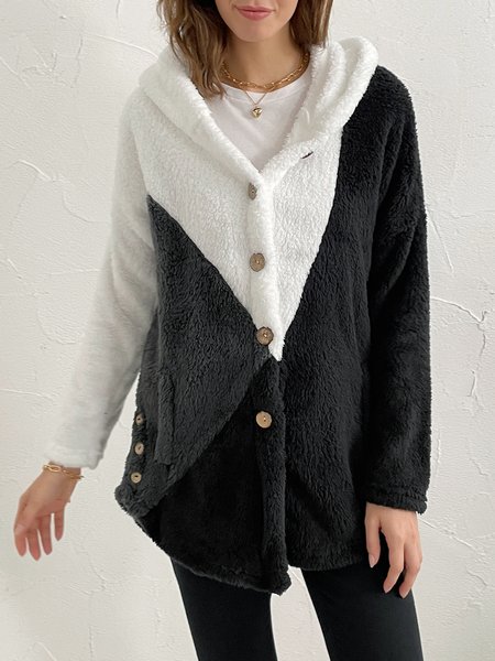 

Plain color block hood nail button fur warm coat, Blue, Outerwear