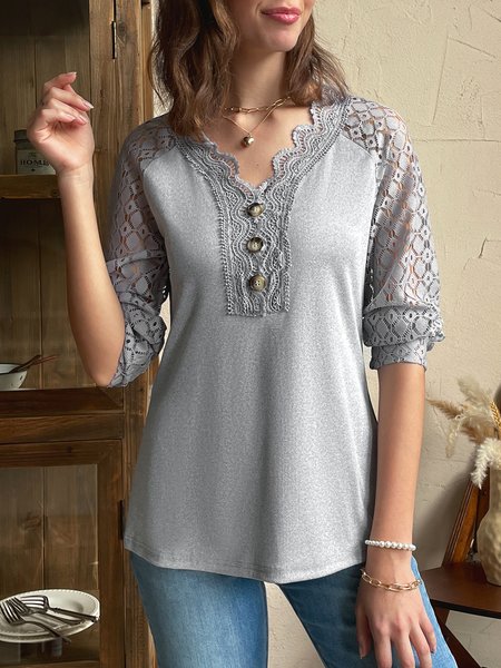 

V Neck Casual Plain Lace Bukle T-Shirt, Light blue, T-Shirts