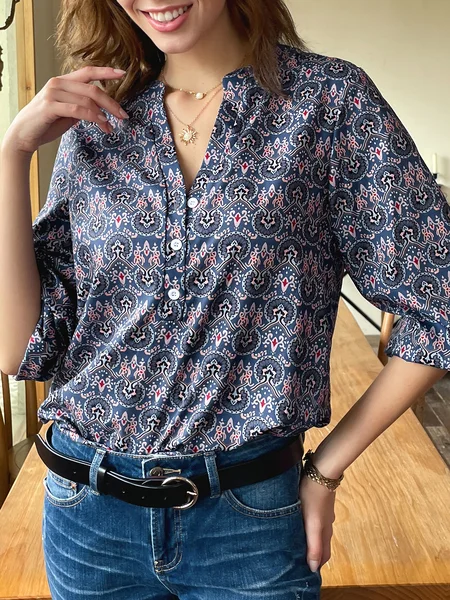 

Casual Vintage V Neck Floral Printed Blouse, Rust, Shirts & Blouses