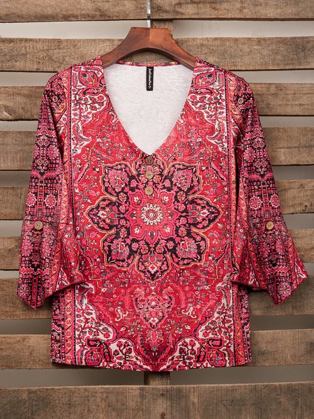 

Casual Ethnic Knitted Loose T-Shirt, Red, T-Shirts