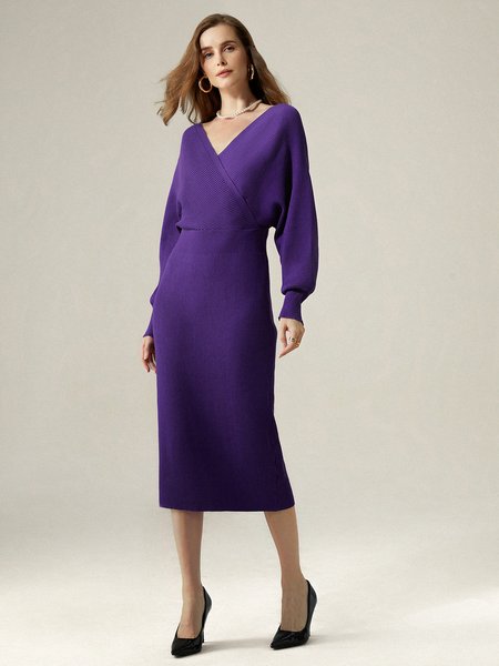 

Elegant Regular Fit Plain Sweater Midi Dress With No Belt, Purple, Midi Dresses