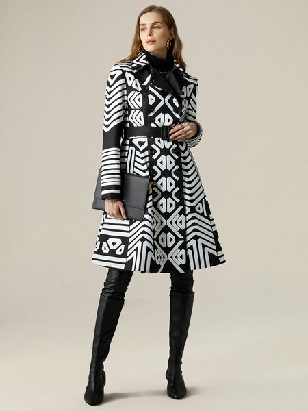 

Geometric Shawl Collar Urban Trench Coat With Belt, Black-white, Coats