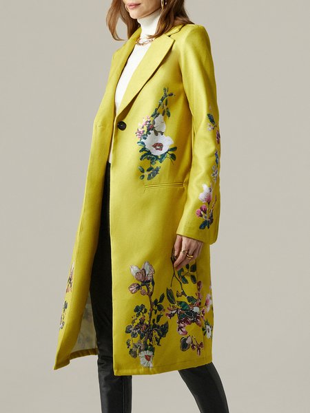 

Floral Urban Lapel Collar Loose Long Sleeve Coat, Yellow, Coats