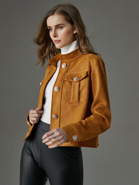 

Regular Fit Polyester Stand Collar Long Sleeve Plain Urban Jacket, Khaki, Jackets